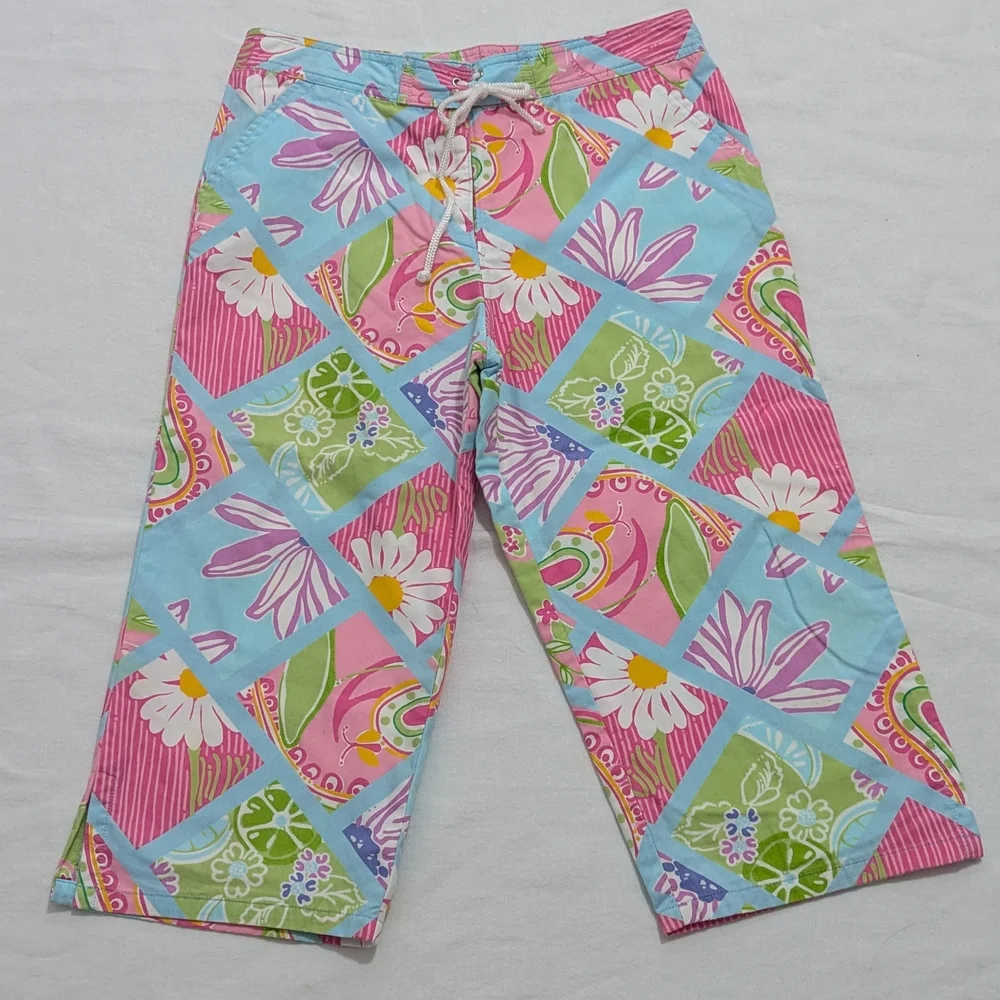 Lilly Pulitzer Floral and Citrus Fruit Patchwork Print Beach Pants
